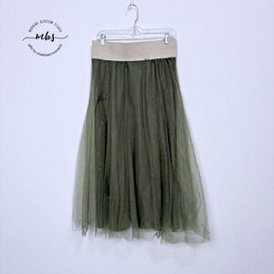Jupist Pleated Glitter Tulle Maxi Skirt Green Gold Waistband Women 2